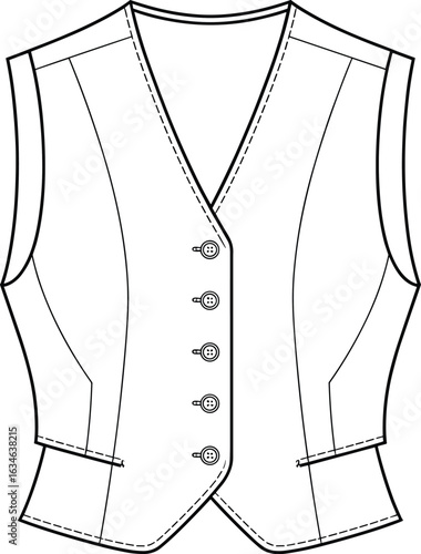 Technical flat sketch of women’s fitted vest with V-neck, button front, princess seams, welt pockets, and tailored waistline vector.