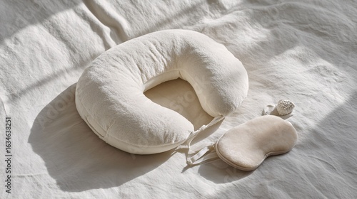 Soft U-Shaped Travel Pillow with Eye Mask on Linen Bedding in Natural Light