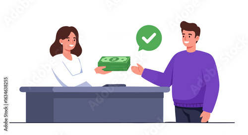 Happy customer receives cash payment, successful transaction, flat design.