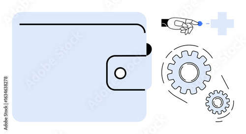 Wallet, robotic hand holding coin, and gears indicate financial technology, automation, economy, and innovation. Ideal for fintech, automation, saving engineering optimization finance