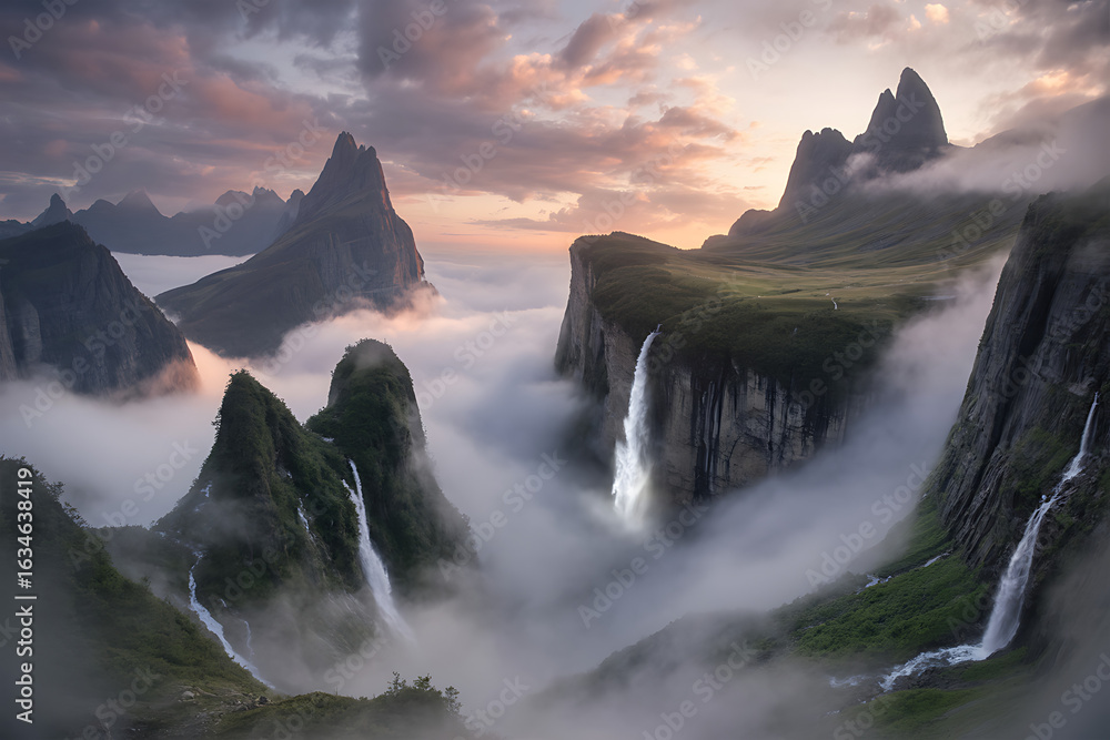 Fototapeta premium Photo of majestic mountain landscape with waterfalls cascading through the misty valley at sunset