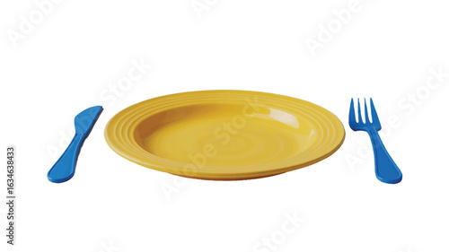Yellow plate with blue knife and fork angled view vector