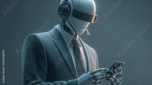 Ai replacing human in jobs concept photo. Humanoid robot sitting at desk in office typing on laptop. robot working as software engineer, programmer or data scientist, futuristic technology