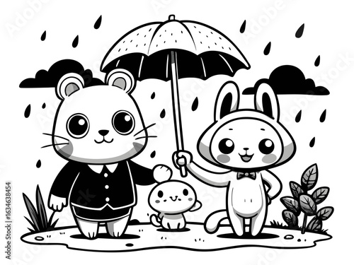 Cute animals sharing an umbrella in the rain