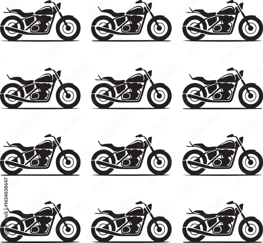 Obraz premium monochrome motorcycle vector pattern with twelve identical side profile bikes arranged in a three by four repeating grid
