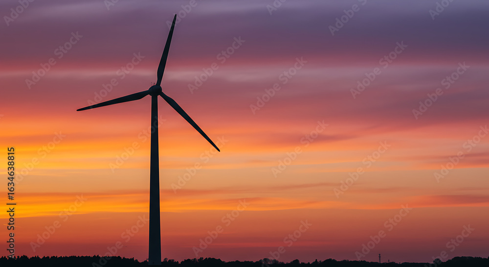 Wind turbine silhouette against a vibrant sunset sky painted with orange, pink, and purple hues. Wind turbine silhouette against a vibrant sunset sky painted with orange, pink, and purple hues.