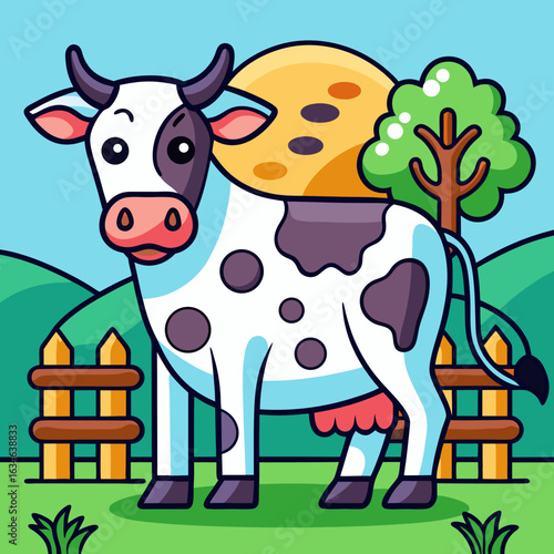 Cute cartoon cow standing in a green field with a tree and moon