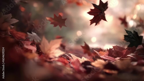 Colorful autumn leaves scattered on a soft forest floor.