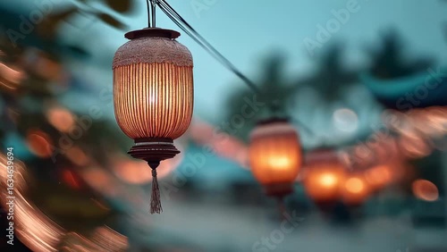 Beautiful lanterns illuminated at dusk, creating a serene atmosphere.
