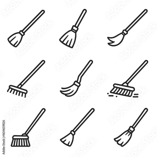 Floor vector broom witch broomstick bristle handle head set straw icon style
