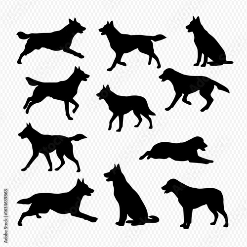 A set of black dog silhouettes showing various breeds in different poses like running, sitting, and standing.