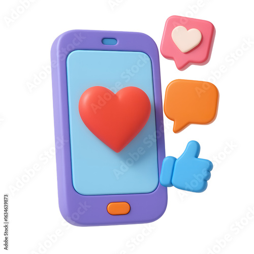 3d cartoon smartphone with heart, like, and chat icons