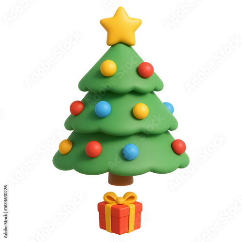 3d cartoon Christmas tree with decorations and gift box