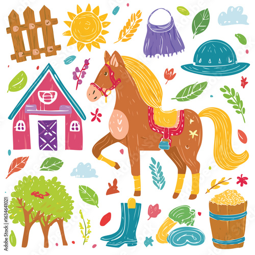 A colorful illustration featuring a horse, barn, and various farm-related elements.
