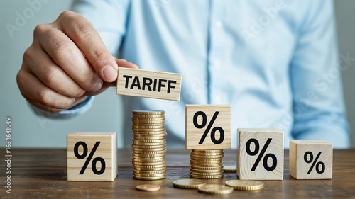 A hand holding a tariff block above stacked coins and percentage blocks on a wooden surface top