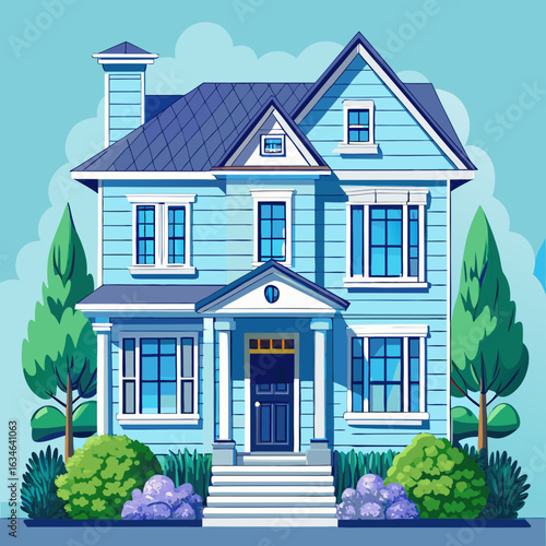 Charming blue two story house with green landscaping