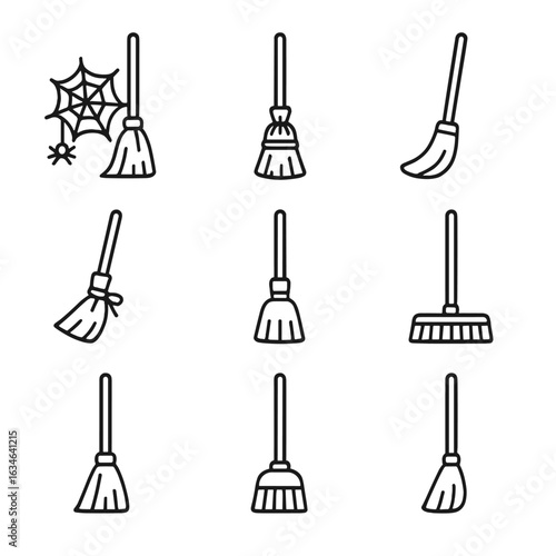 Basic rustic long string handle head cobwebs vector icon broom angled hand