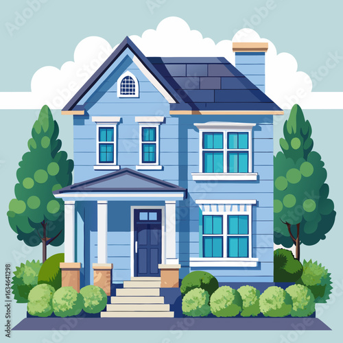 Charming blue two story house with green landscaping