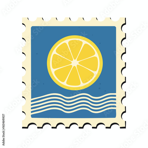 A vintage postage stamp design featuring a sliced lemon on a blue background with wave details.