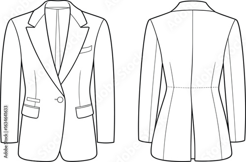 Technical flat sketch of women’s tailored blazer front and back view, vector fashion illustration, jacket template design.