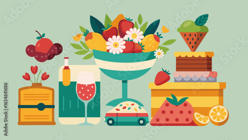 A delightful assortment of fruits cakes and drinks in a vibrant flat illustration