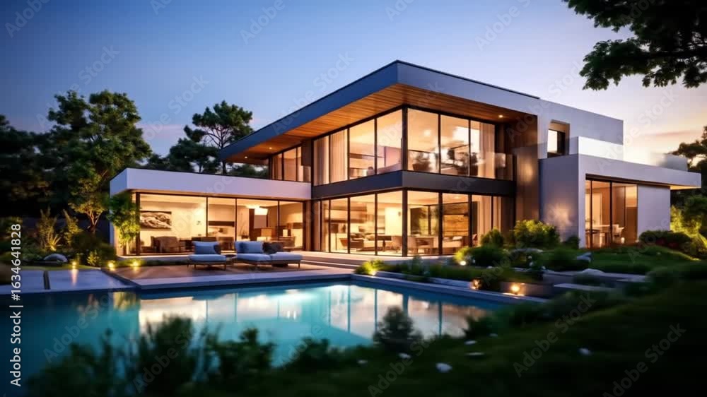 Stunning Modern House with Pool at Dusk Stunning Modern House with Pool at Dusk