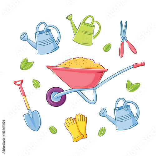 Illustration of various gardening tools, including watering cans, a wheelbarrow, and other equipment.