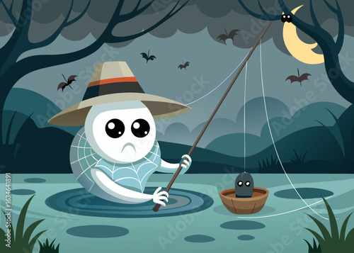 Sad spider fishing under a crescent moon with bats