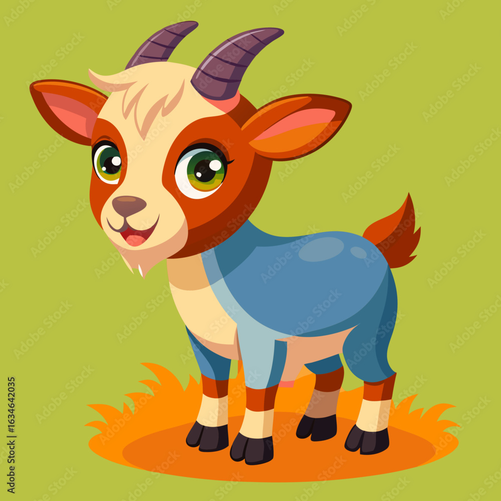 Obraz premium Cute cartoon goat standing on hay with a green background