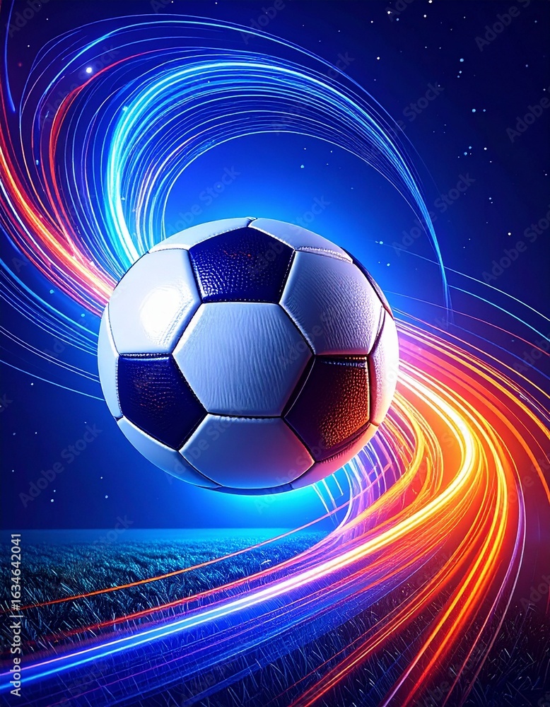 Naklejka premium A dynamic soccer ball surrounded by colorful light trails against a dark backdrop, creating a vibrant and energetic atmosphere.