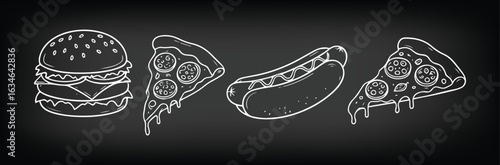 Fast Food Icon Set. Chalkboard vector illustration of a burger, pizza, and hot dog. White line art doodle clipart of classic American junk food. Restaurant menu graphic. Diner food art.