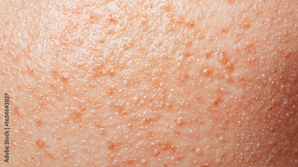 Fototapeta premium Close-up of a textured skin surface displaying tiny droplets and a warm hue, suggesting moisture or an oily appearance.
