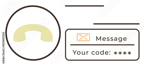 Phone receiver, message box with Your code displayed, emphasizing secure communication and user verification. Ideal for security, login, authentication, customer support, privacy, technology