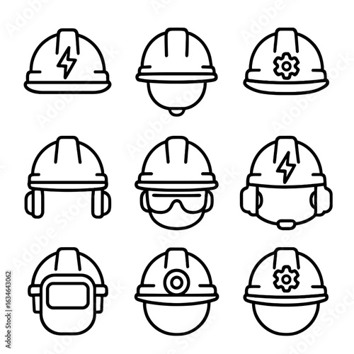 Set stroke helmets electrician collection minimal line symbol icon icons vector contour