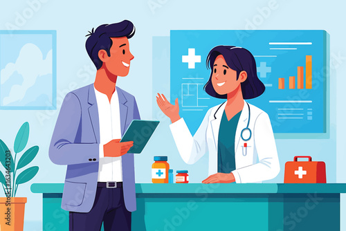 Patient at a doctor's appointment receiving medical advice. Vector graphic illustration.