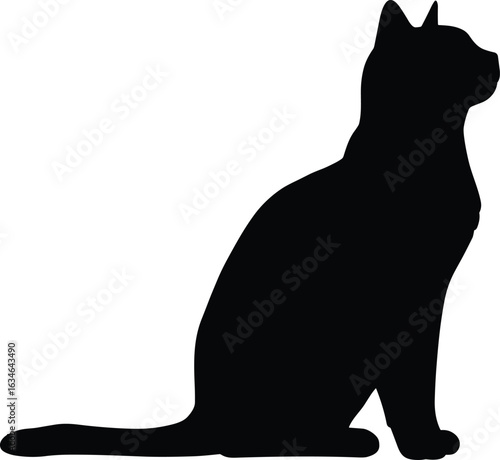 Black cat silhouette sitting calmly on white background, clean vector illustration, feline shape, animal graphic, perfect for pet artwork, design