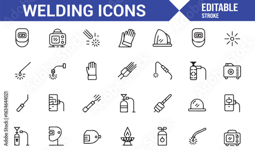 Vector Icons of Welding Tools, Safety Gear, and Equipment for Industrial Use
