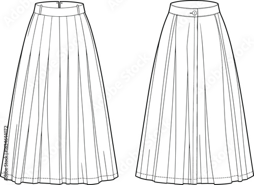 Technical flat sketch of women's pleated midi skirt front and back view, vector fashion illustration, skirt template design.