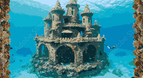 Fantasy illustration of a magnificent sunken castle deep in the ocean, a lost kingdom ruin explored by a scuba diver.