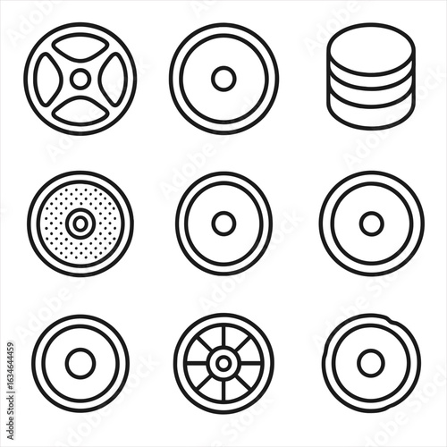 Weight gym barbell competition edge metallic weightlifting plate worn set icon vector