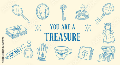 Vintage Treasure Icon Set. Blue hand drawn vector illustration of antique keepsakes and heirlooms. Romantic graphic clipart of a key, locket, and mirror for sentimental and gift design.