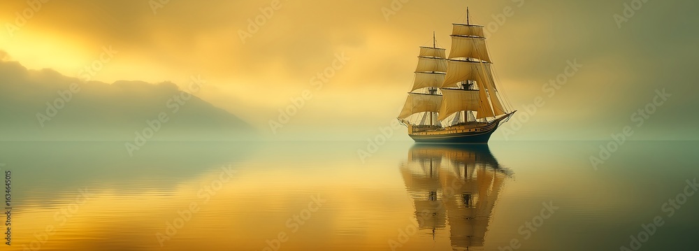 Naklejka premium Sailing ship in calm weather. Illustration on the theme of transport and travel.