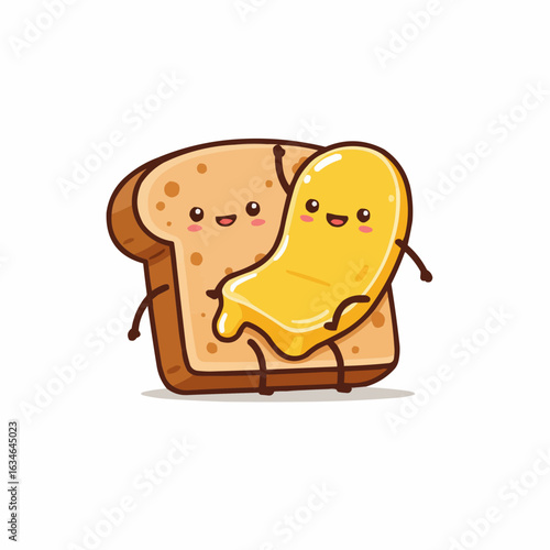 Adorable cartoon bread slice and butter pat, happily interacting.