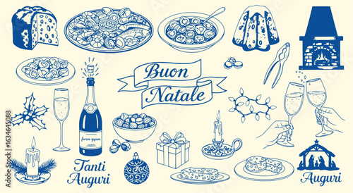 Italian Christmas Icon Set. Blue hand drawn vector illustration of holiday food and traditions. Buon Natale doodle clipart for cards, invitations, and winter party design. Festive food art.