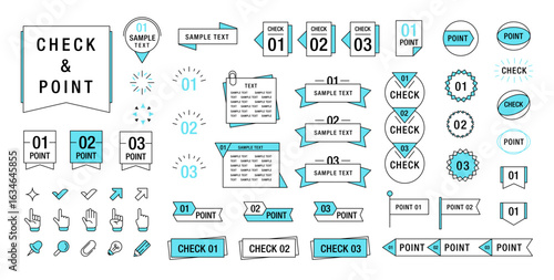 Check and point elements. Minimalist approval and direction symbols. Japanese checkmarks and pointer signs. Simple frame, ribbon, banner, arrow, cursor, finger pointer. Vector set