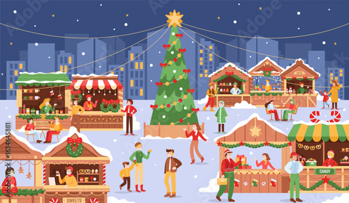 Christmas fair with people. X-mas market on city square. Winter outdoor celebration on street with Christmas tree. Town festive scene with families. Festival shopping. Vector concept