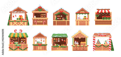 Christmas market. Cartoon holiday fair. Traditional winter festival. Wooden stalls with string light, garland, festive decoration. Kiosk with food, drinks, souvenirs, gifts. Vector set