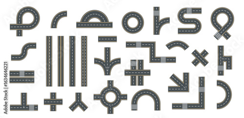 Street highway road. Asphalt paths. Urban, rural transportation infrastructure in top views. City winding paths, lane markings, roadways, traffic ways, GPS direction. Vector collection