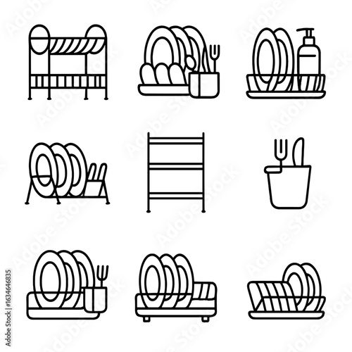Kitchen holder soap cutlery icons plates bottle vector dish drying icon rack