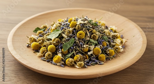 A wooden plate holds a mix of dried herbs and flowers including chamomile and lavender on a wooden table